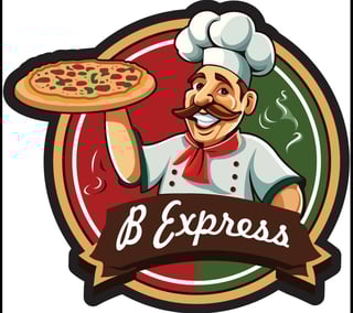 Cartoon chef with mustache holding pizza, wearing chefs hat and red neckerchief, B Express logo with red and green circular background